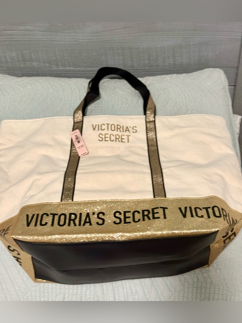 Victoria's Secret, NWT,  Ivory Large Tote with Gold Trim.